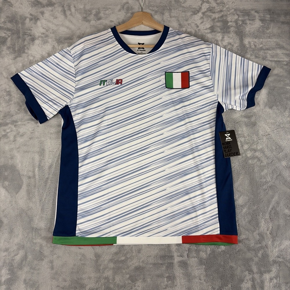 Striker Italy Soccer Jersey Size Large White Blue Polyester Fan Shirt NWT